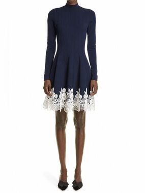 Lela Rose Crocheted Lace Trimmed Ribbed Stretch Knit Dress